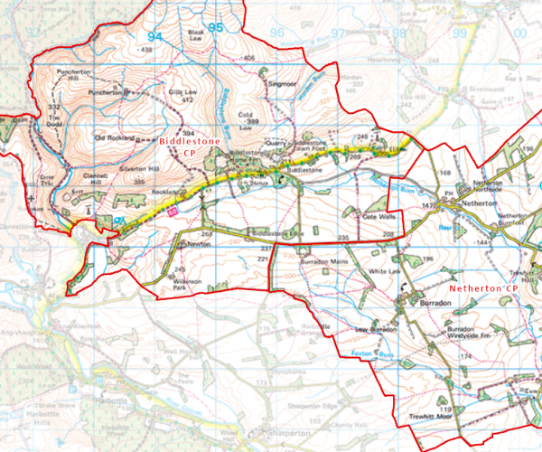 Netherton & Biddlestone Parish Boundaries Map